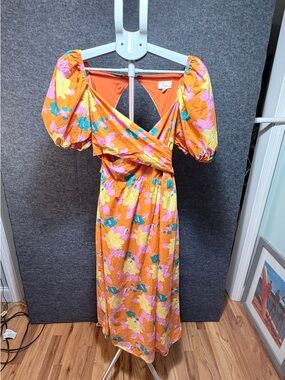Lena Orange Floral Puff-Sleeve Backless Midi Dress Kentucky Derby Dress
